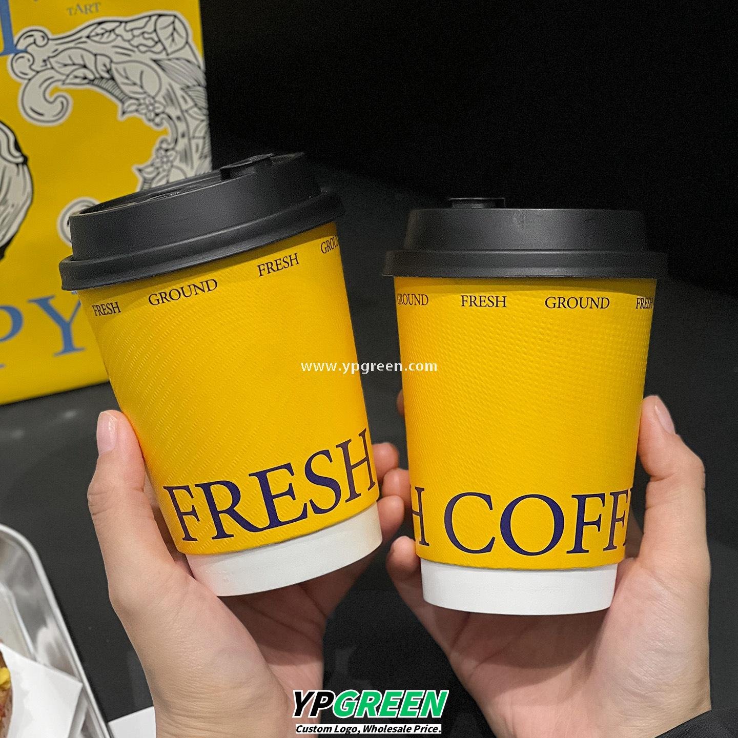 12oz Yellow Embossed Hollow Paper Cup 400ml Double Wall Coffee Cup 9x6x11.2cm Supplier