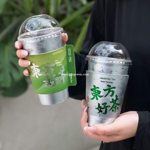 Hot Stamping Silver Cup Sleeve + 90mm PP Cup + Creative White Card Handle Holder