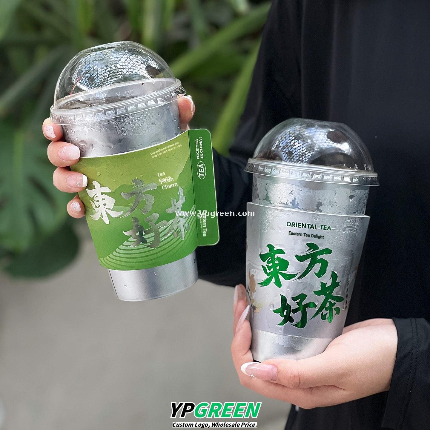 Hot Stamping Silver Cup Sleeve + 90mm PP Cup + Creative White Card Handle Holder