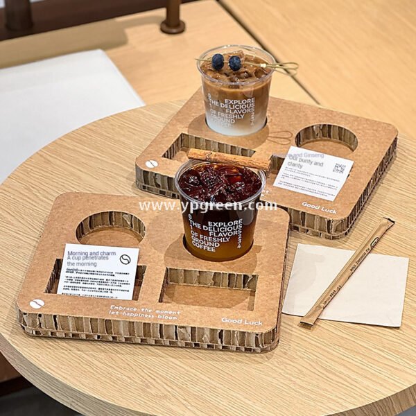 Square Coffee Combo Cup Tray | Honeycomb Corrugated Cardboard Cup Holder | Disposable Logo-Printed Beverage Carrier for Coffee & Milk Tea