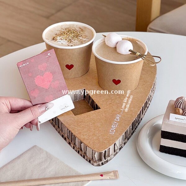 Heart-Shaped Honeycomb Paper Cup Holder | Corrugated Coffee Combo Tray | Disposable Milk Tea & Exhibition Tasting Cup Display with Custom Printing