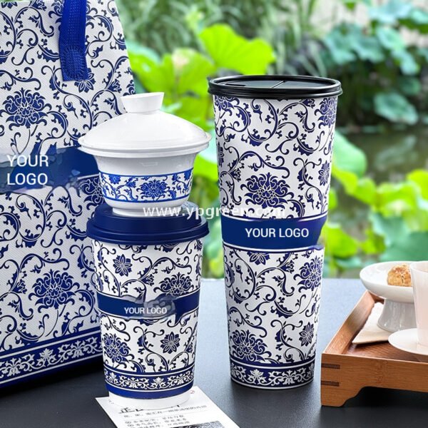 12oz/16oz/20oz Blue & White Porcelain Style Milk Tea Paper Cups with Insulated Non-Woven Aluminum Foil Bag