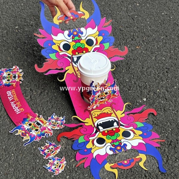 Dragon Year Guochao Cup Holder | Creative Coffee & Milk Tea Paper Cup Carrier | Disposable Trendy Cup Tray for Small Business Use