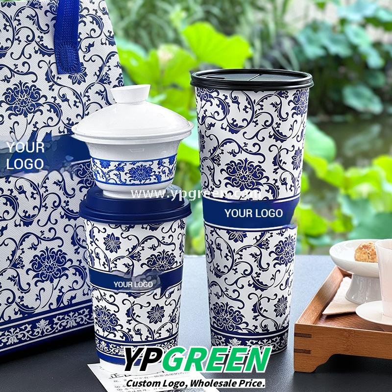 12oz/16oz/20oz Blue & White Porcelain Style Milk Tea Paper Cups with Insulated Non-Woven Aluminum Foil Bag