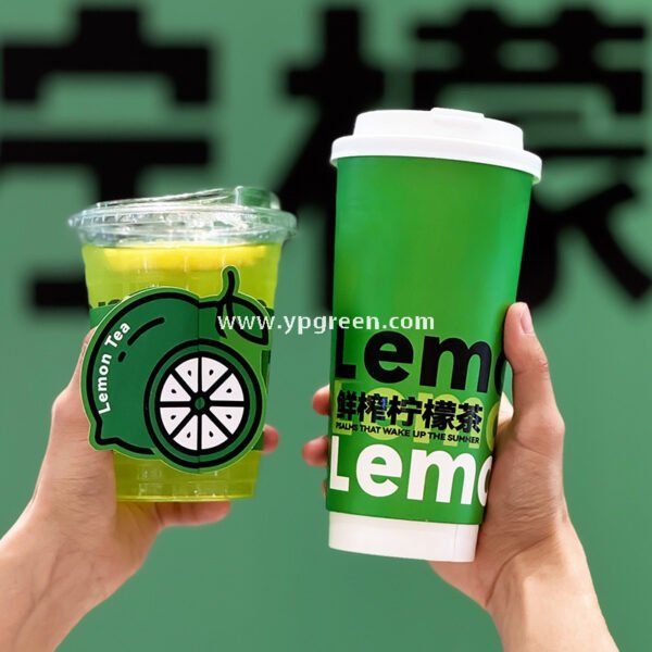 22 oz Fresh Green Disposable Lemon Tea Cups – 700ml Double PE Coated Paper with PET Lid for Cold Beverages