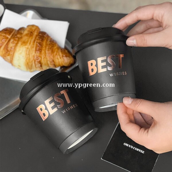 10oz Black Foil Stamping Coffee Paper Cups – 330ml Bronze Hollow Double Wall Takeaway Cups Wholesale Factory
