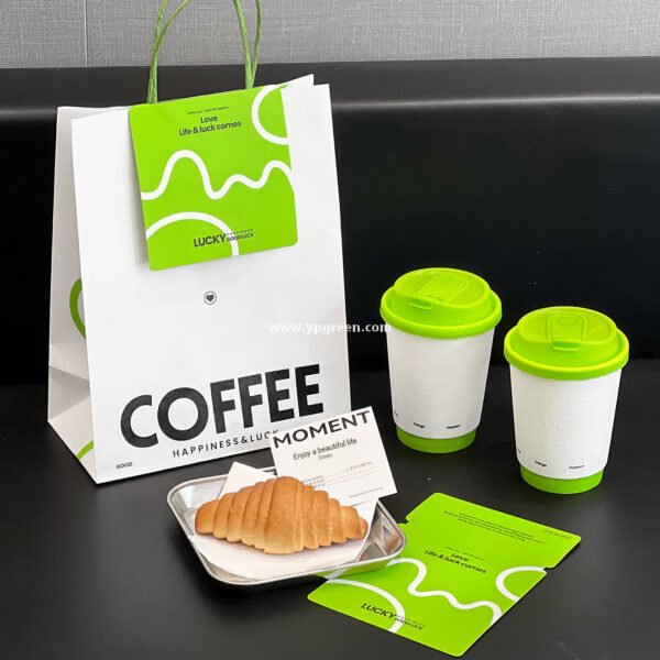 420ml Deep Embossed Coffee Cup with Fluorescent Green Lid + COFFEE Tote Bag – Double PE Lined Hot & Cold Cup Wholesale