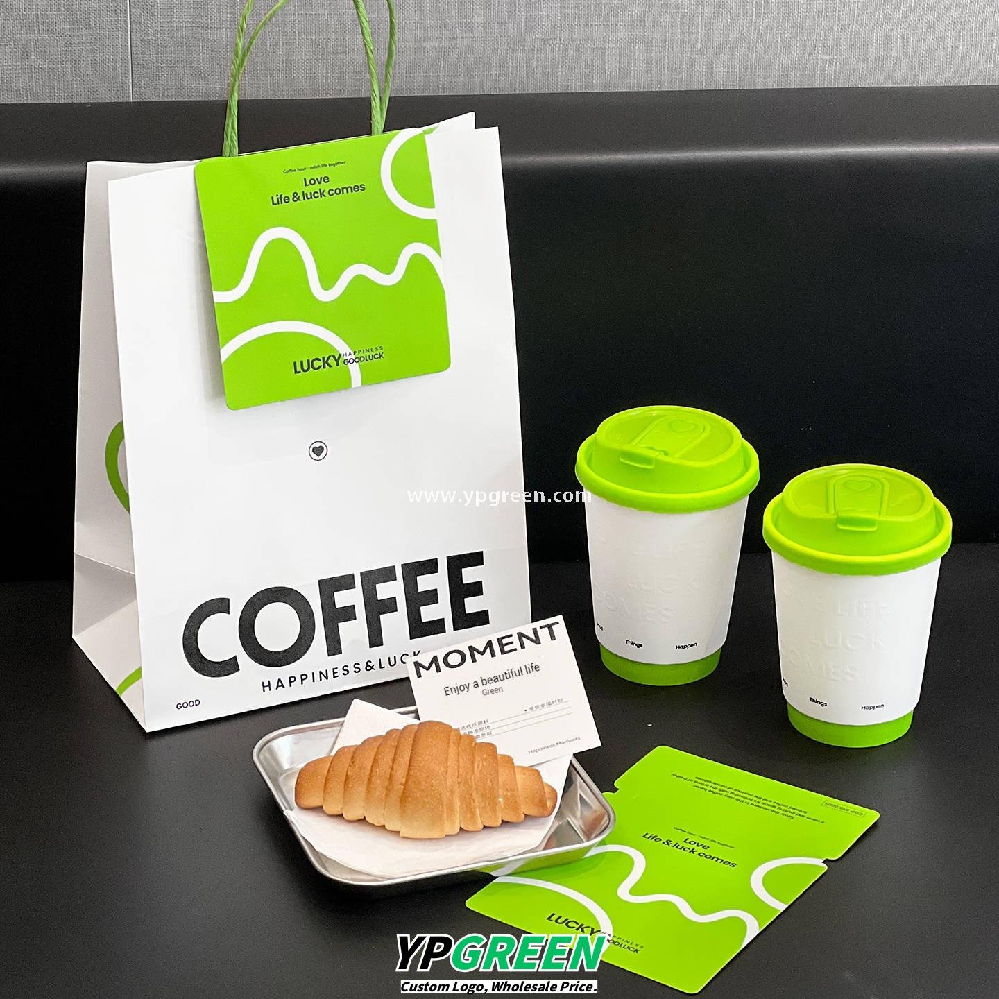 420ml Deep Embossed Coffee Cup with Fluorescent Green Lid + COFFEE Tote Bag – Double PE Lined Hot & Cold Cup Wholesale
