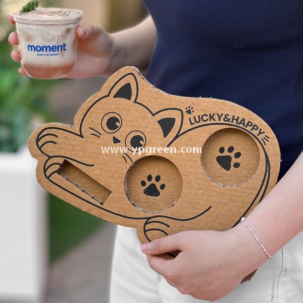 Cat Design Coffee Cup Carrier | Honeycomb Corrugated Cardboard Drink Tray Supplier