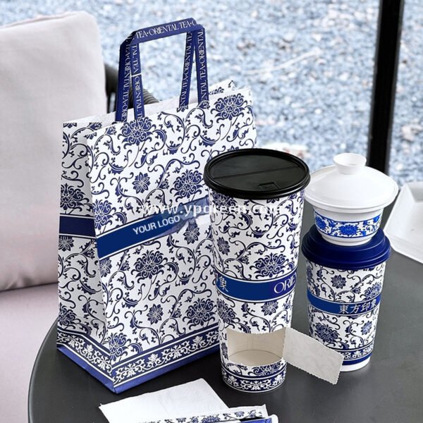 12oz/16oz/20oz Blue & White Porcelain Style Milk Tea Paper Cups with Insulated Non-Woven Aluminum Foil Bag