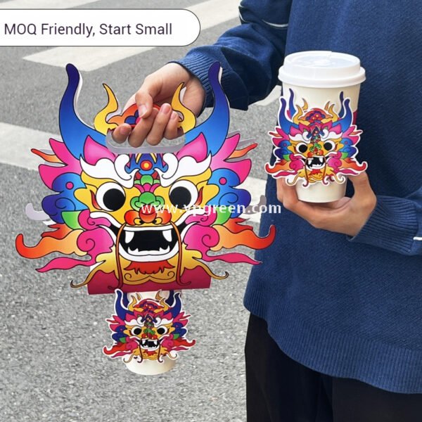 Dragon Year Guochao Cup Holder | Creative Coffee & Milk Tea Paper Cup Carrier | Disposable Trendy Cup Tray for Small Business Use