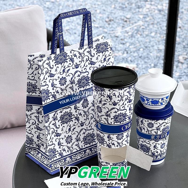 12oz/16oz/20oz Blue & White Porcelain Style Milk Tea Paper Cups with Insulated Non-Woven Aluminum Foil Bag