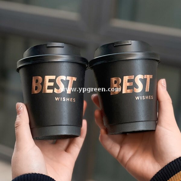 10oz Black Foil Stamping Coffee Paper Cups – 330ml Bronze Hollow Double Wall Takeaway Cups Wholesale Factory
