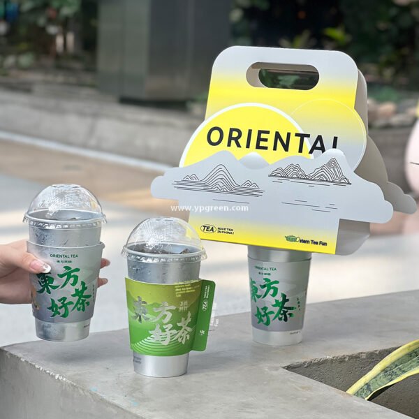 Hot Stamping Silver Cup Sleeve + 90mm PP Cup + Creative White Card Handle Holder