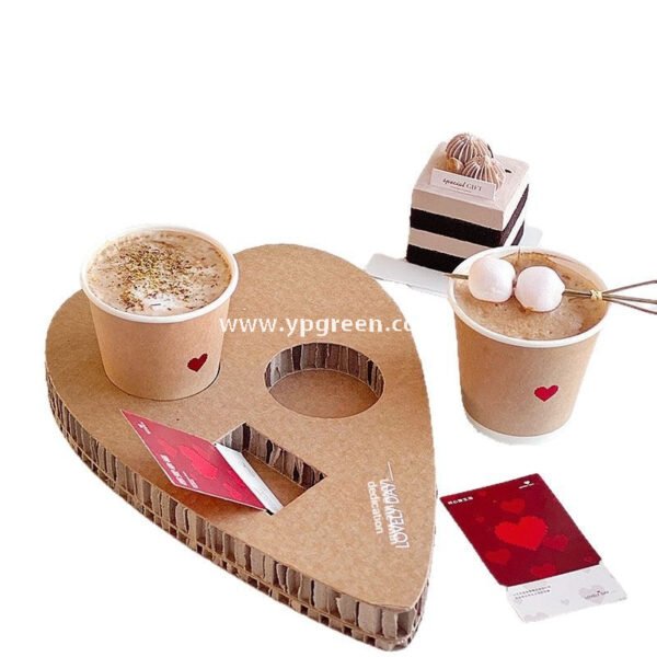 Heart-Shaped Honeycomb Paper Cup Holder | Corrugated Coffee Combo Tray | Disposable Milk Tea & Exhibition Tasting Cup Display with Custom Printing