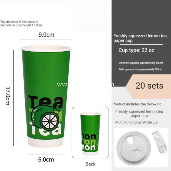 22 oz Fresh Green Disposable Lemon Tea Cups – 700ml Double PE Coated Paper with PET Lid for Cold Beverages