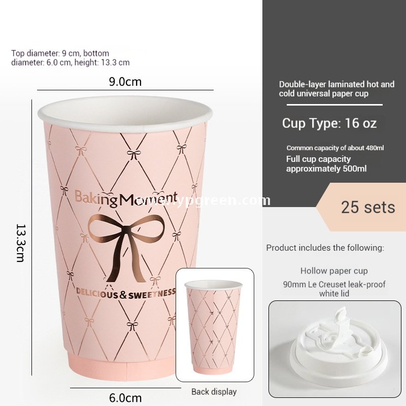 16oz Pink Bow Paper Cup – 500ml Double PE Hot & Cold Coffee Cup with Thermal Foil Non-Woven Bag Wholesale Factory