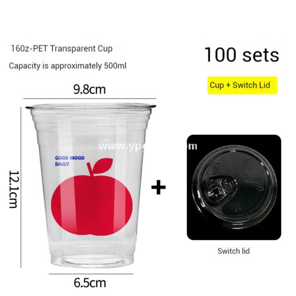 16oz Apple Pattern Clear Cup |  500ml Disposable Transparent Cup for Juice, Coffee, Milk Tea & Cold Drinks