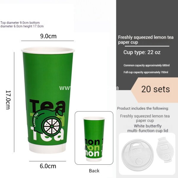 22 oz Fresh Green Disposable Lemon Tea Cups – 700ml Double PE Coated Paper with PET Lid for Cold Beverages