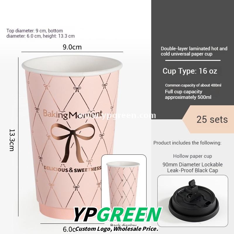 16oz Pink Bow Paper Cup – 500ml Double PE Hot & Cold Coffee Cup with Thermal Foil Non-Woven Bag Wholesale Factory