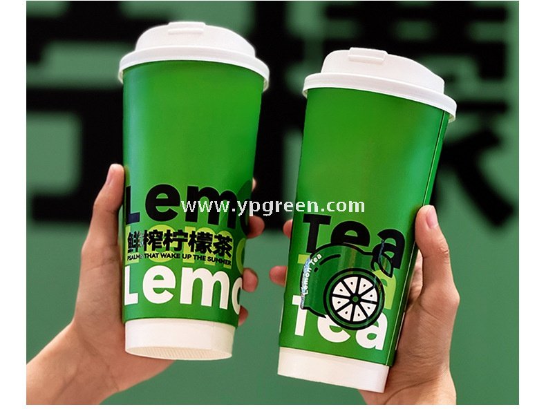 22 oz Fresh Green Disposable Lemon Tea Cups – 700ml Double PE Coated Paper with PET Lid for Cold Beverages