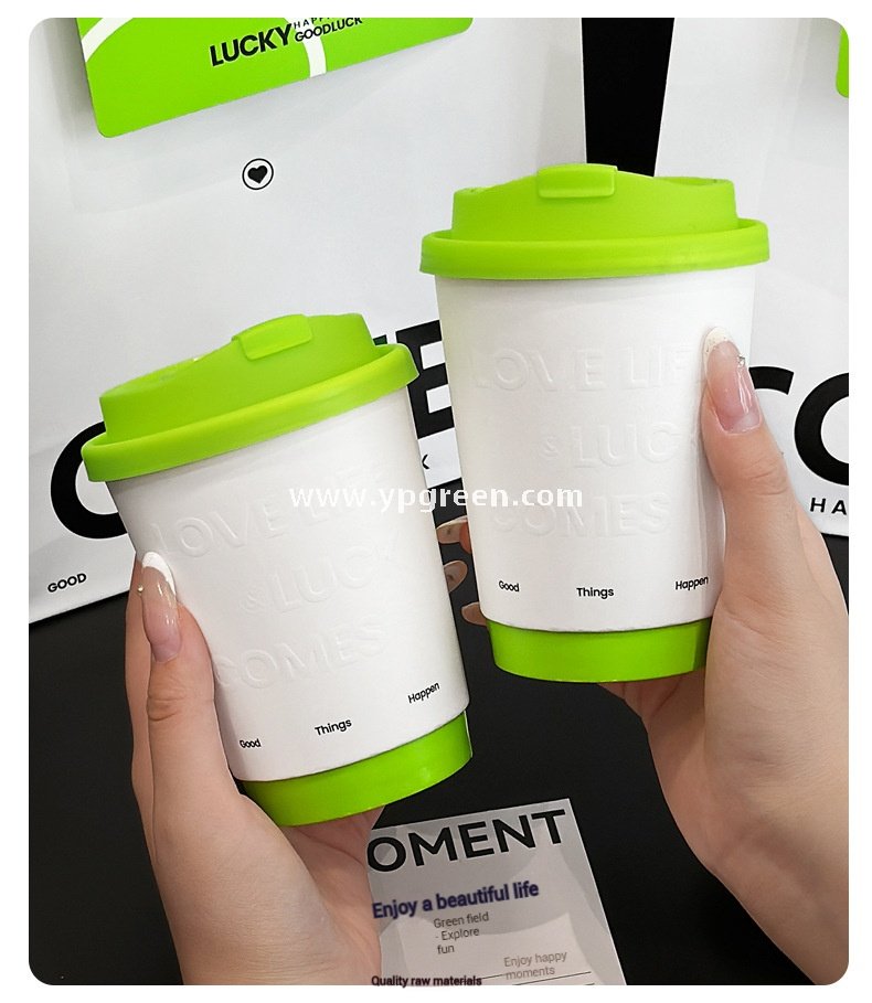 420ml Deep Embossed Coffee Cup with Fluorescent Green Lid + COFFEE Tote Bag – Double PE Lined Hot & Cold Cup Wholesale