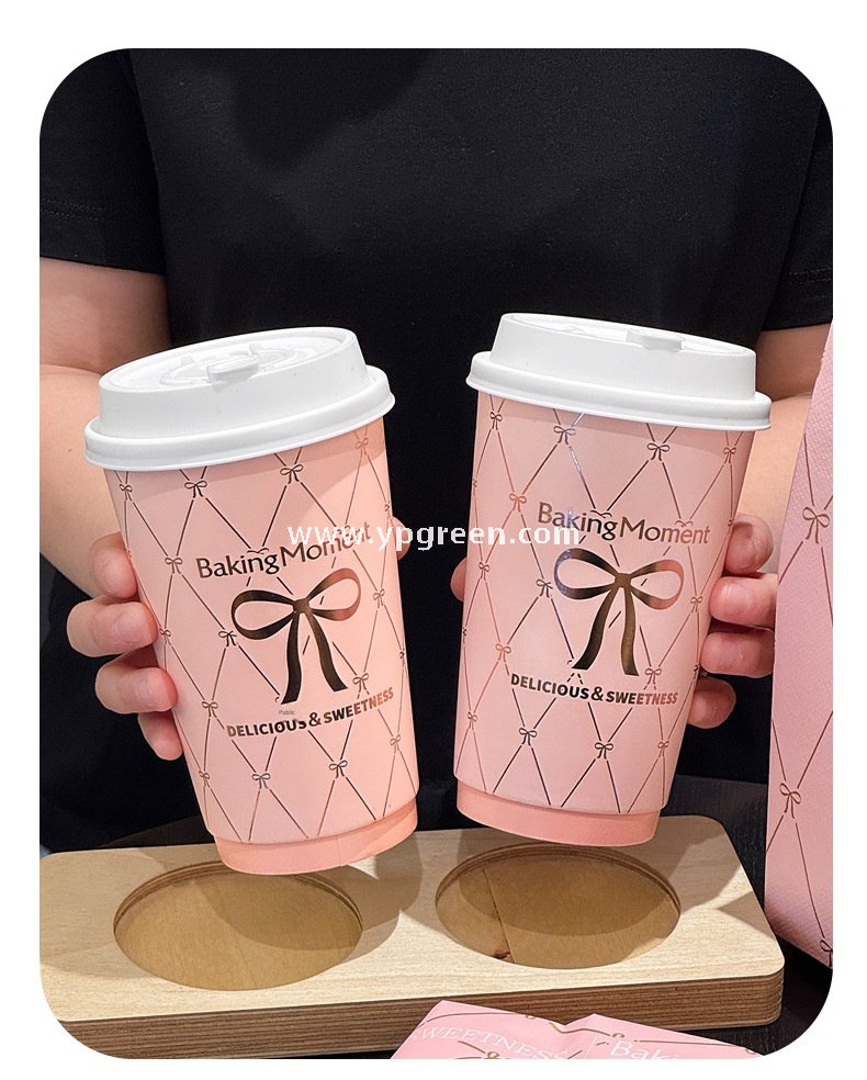 16oz Pink Bow Paper Cup –  500ml Double PE Hot & Cold Coffee Cup with Thermal Foil Non-Woven Bag Wholesale Factory