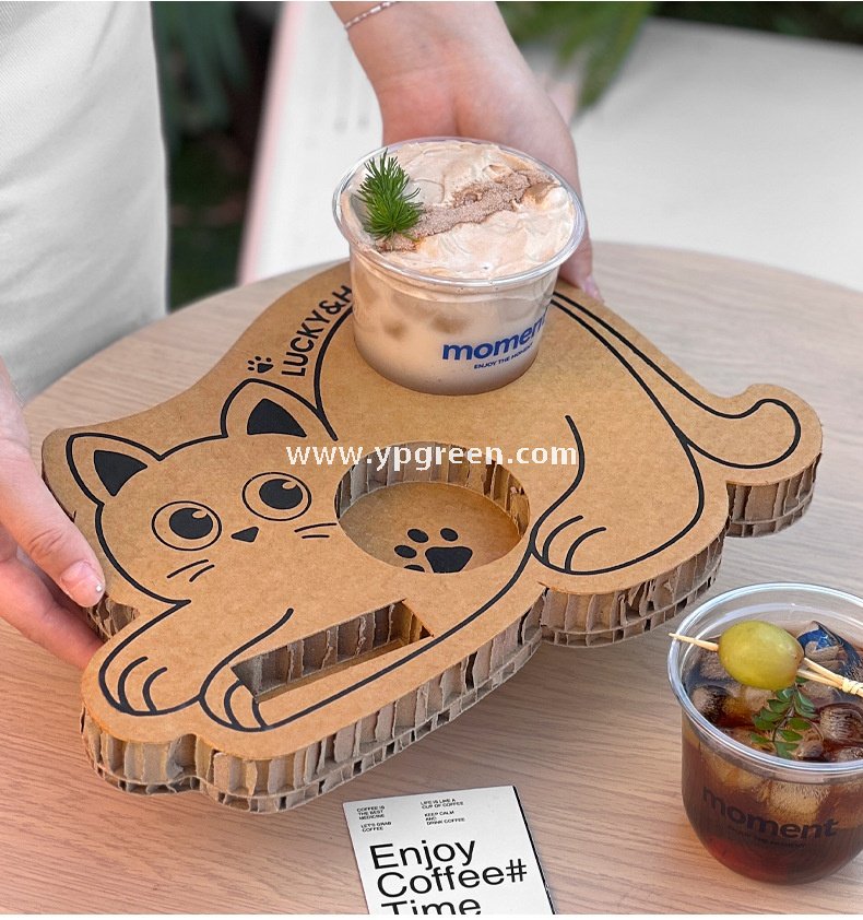 Cat Design Coffee Cup Carrier | Honeycomb Corrugated Cardboard Drink Tray Supplier