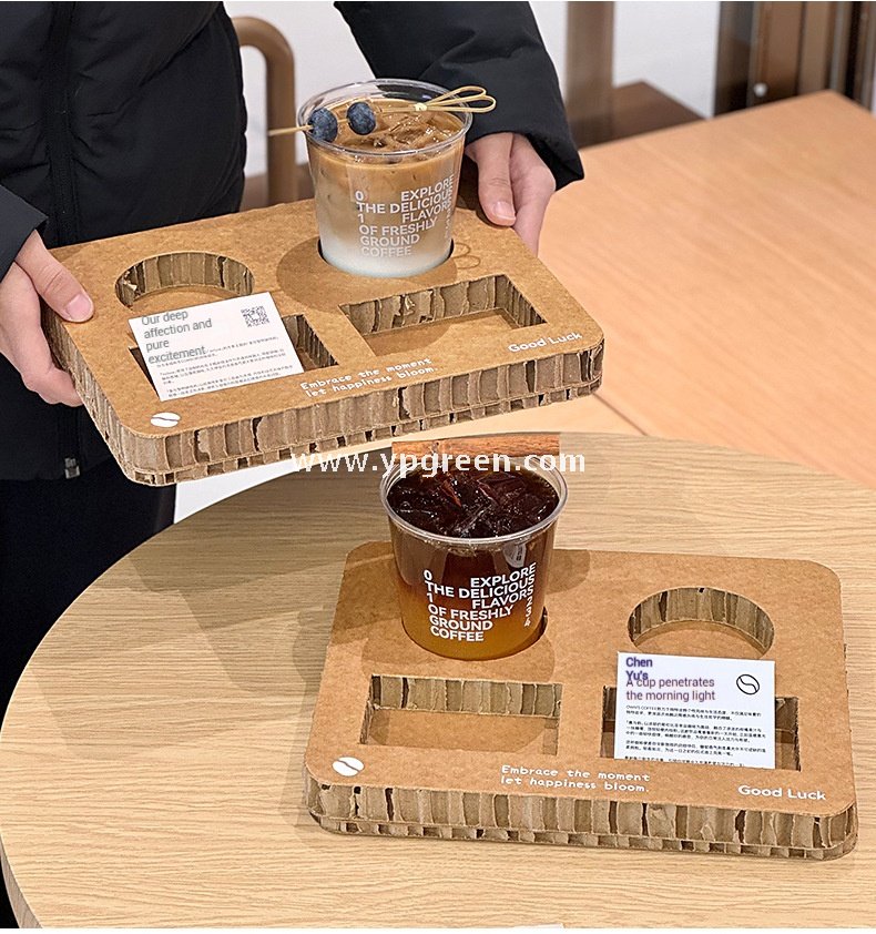 Square Coffee Combo Cup Tray | Honeycomb Corrugated Cardboard Cup Holder | Disposable Logo-Printed Beverage Carrier for Coffee & Milk Tea