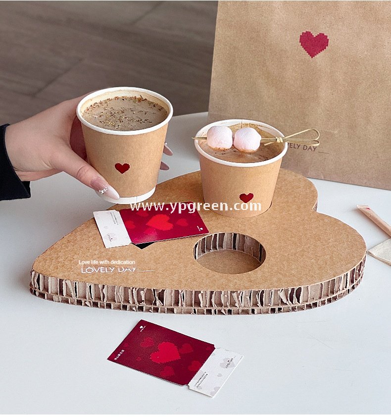 Heart-Shaped Honeycomb Paper Cup Holder | Corrugated Coffee Combo Tray | Disposable Milk Tea & Exhibition Tasting Cup Display with Custom Printing