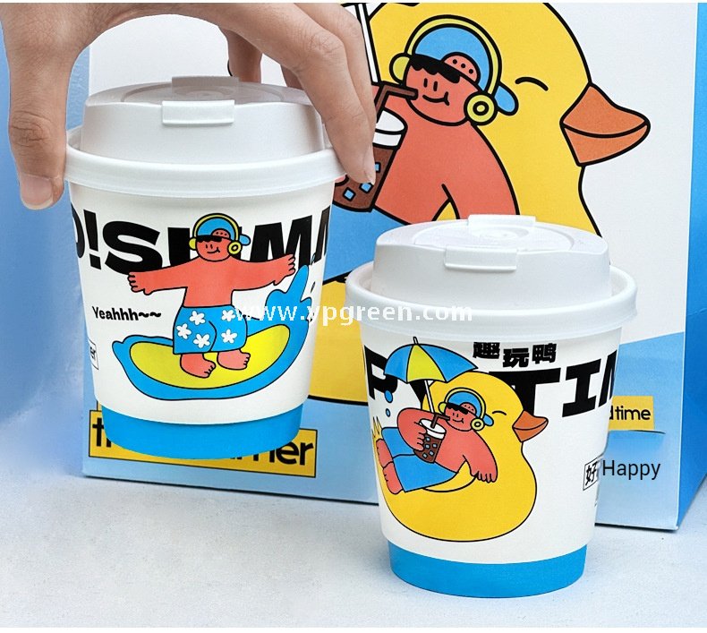 330ml 10oz Blue Surf Cartoon Design Coffee Paper Cup Ripple Bottom Leak-Proof Disposable Cup