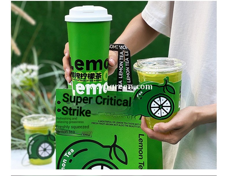 22 oz Fresh Green Disposable Lemon Tea Cups – 700ml Double PE Coated Paper with PET Lid for Cold Beverages
