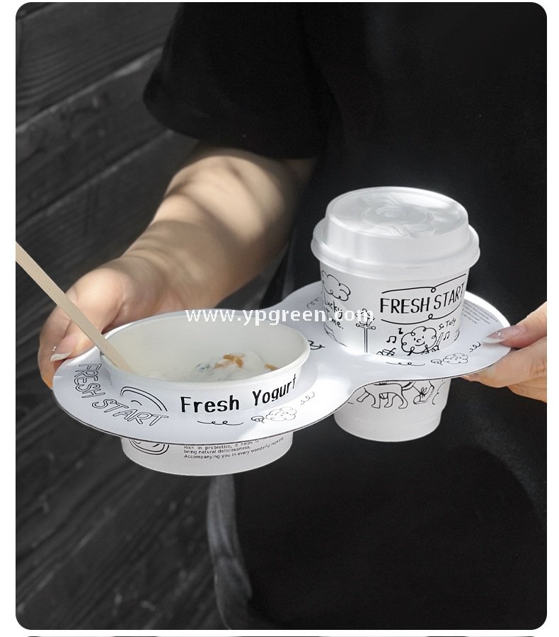 Dual Holder for Yogurt Coffee Packaging 12oz Paper Cup + Ice Cream Bowl Takeaway Set