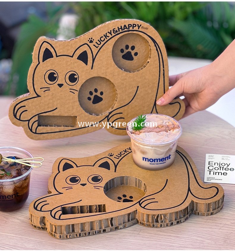 Cat Design Coffee Cup Carrier | Honeycomb Corrugated Cardboard Drink Tray Supplier