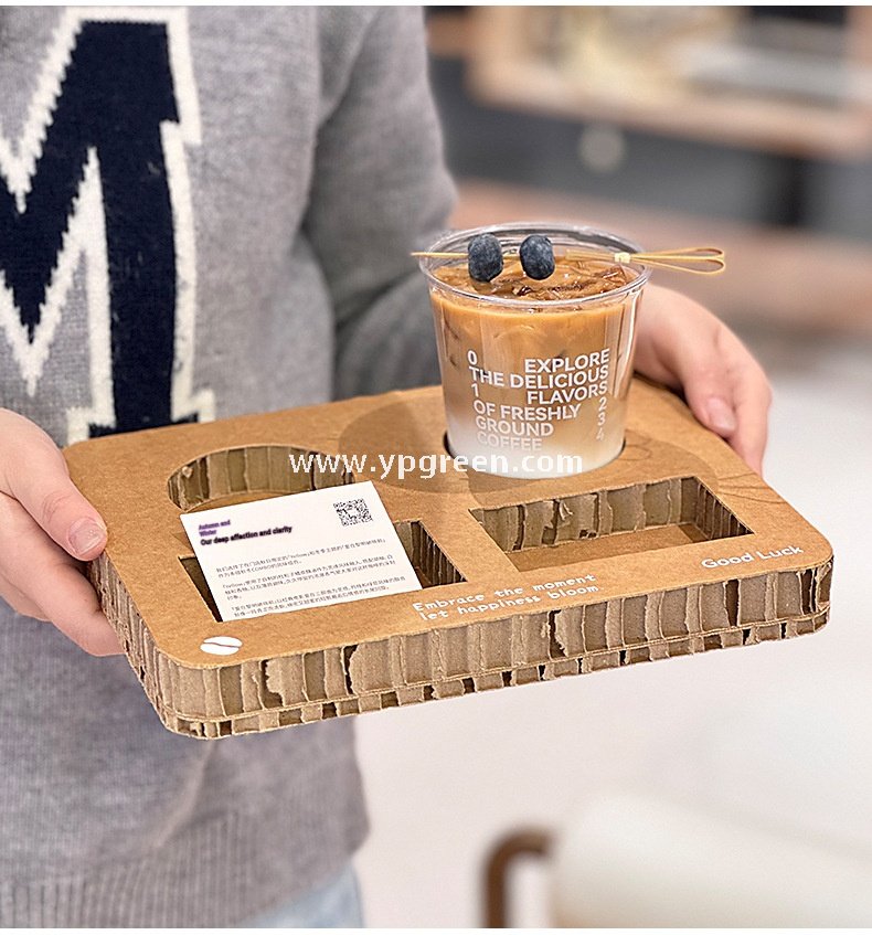 Square Coffee Combo Cup Tray | Honeycomb Corrugated Cardboard Cup Holder | Disposable Logo-Printed Beverage Carrier for Coffee & Milk Tea