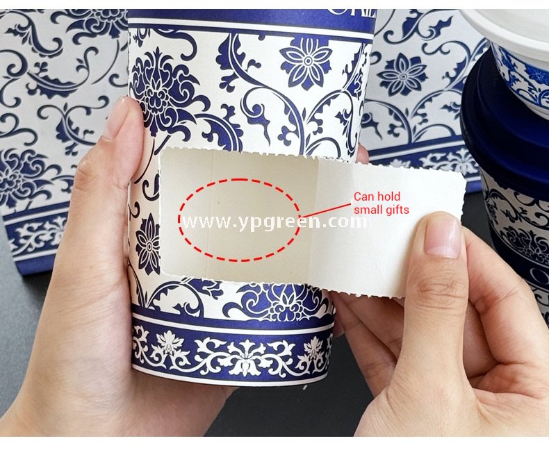 12oz/16oz/20oz Blue & White Porcelain Style Milk Tea Paper Cups with Insulated Non-Woven Aluminum Foil Bag