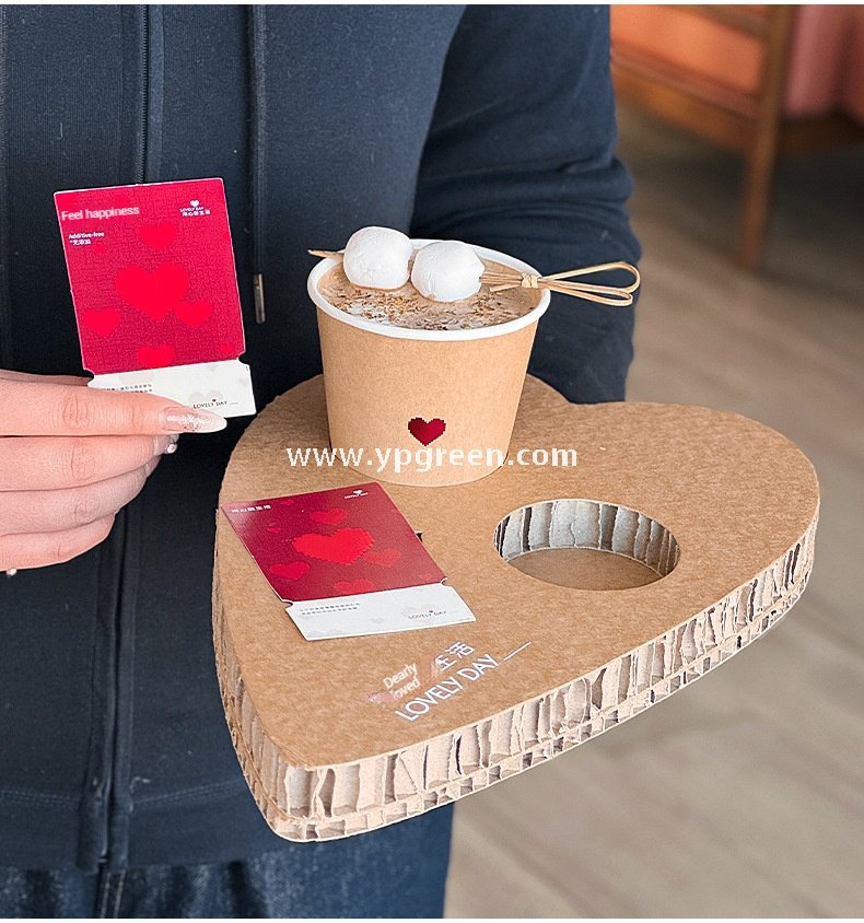 Heart-Shaped Honeycomb Paper Cup Holder | Corrugated Coffee Combo Tray | Disposable Milk Tea & Exhibition Tasting Cup Display with Custom Printing