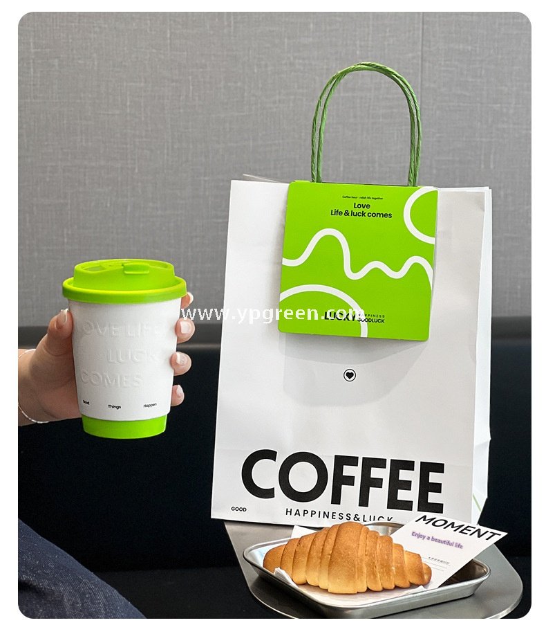420ml Deep Embossed Coffee Cup with Fluorescent Green Lid + COFFEE Tote Bag – Double PE Lined Hot & Cold Cup Wholesale