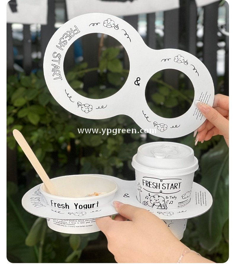 Dual Holder for Yogurt Coffee Packaging 12oz Paper Cup + Ice Cream Bowl Takeaway Set