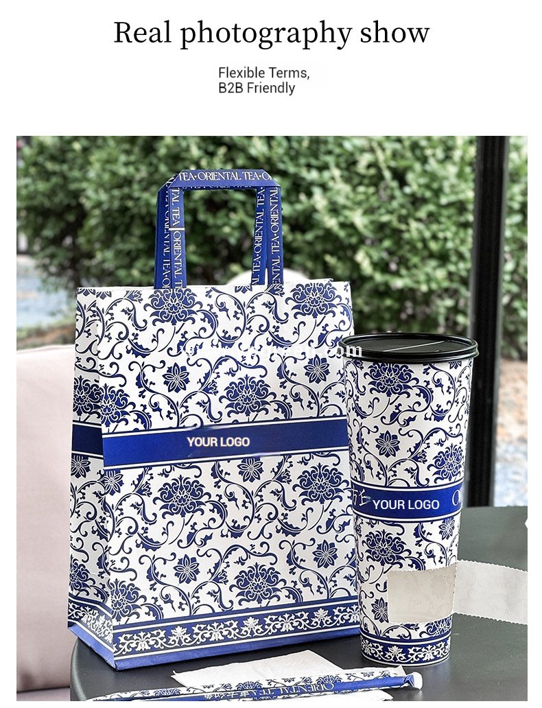 12oz/16oz/20oz Blue & White Porcelain Style Milk Tea Paper Cups with Insulated Non-Woven Aluminum Foil Bag