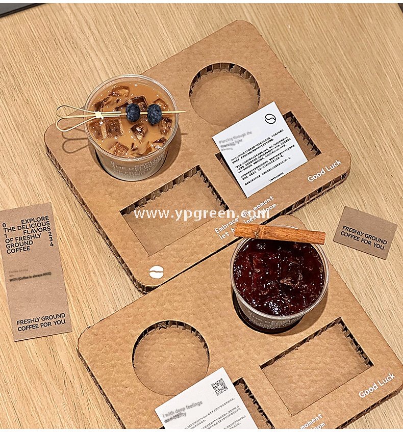 Square Coffee Combo Cup Tray | Honeycomb Corrugated Cardboard Cup Holder | Disposable Logo-Printed Beverage Carrier for Coffee & Milk Tea