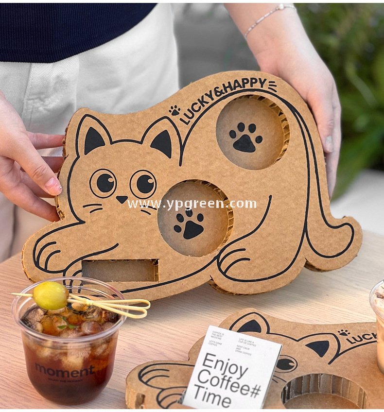 Cat Design Coffee Cup Carrier | Honeycomb Corrugated Cardboard Drink Tray Supplier