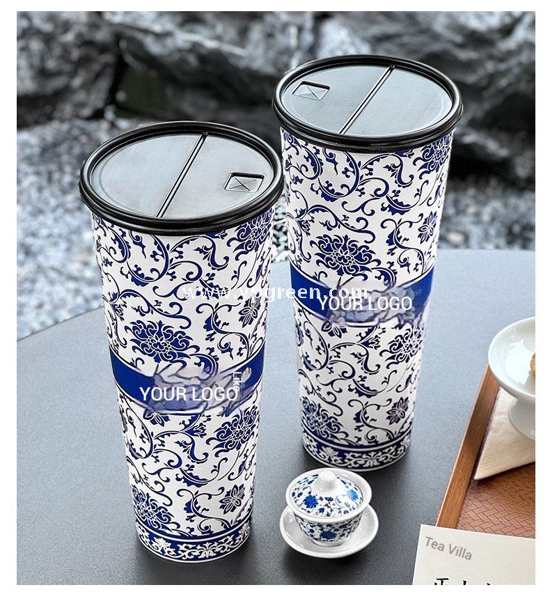 12oz/16oz/20oz Blue & White Porcelain Style Milk Tea Paper Cups with Insulated Non-Woven Aluminum Foil Bag