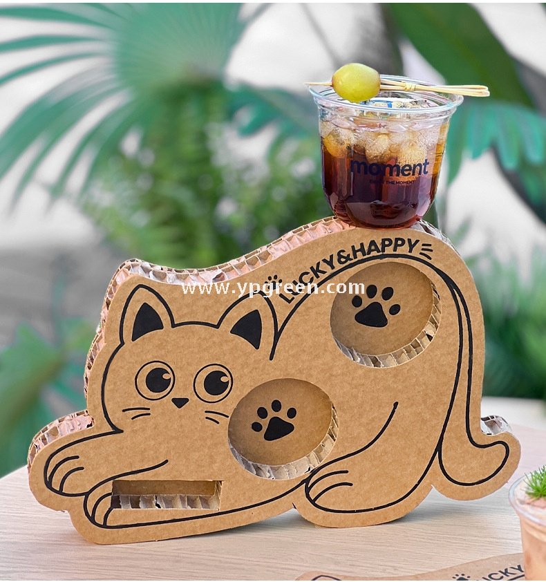 Cat Design Coffee Cup Carrier | Honeycomb Corrugated Cardboard Drink Tray Supplier