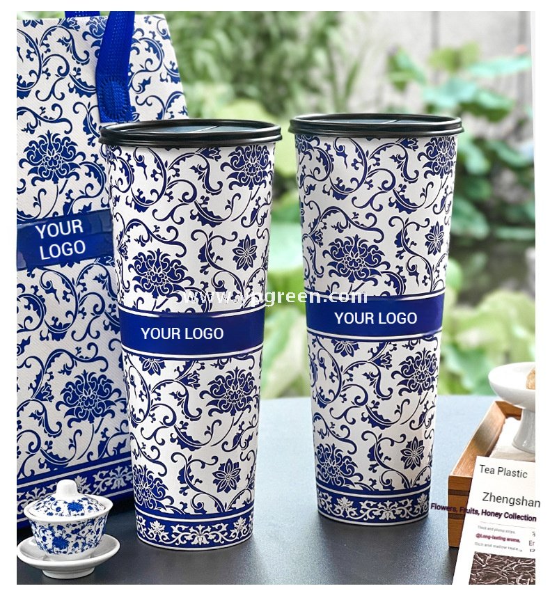 12oz/16oz/20oz Blue & White Porcelain Style Milk Tea Paper Cups with Insulated Non-Woven Aluminum Foil Bag