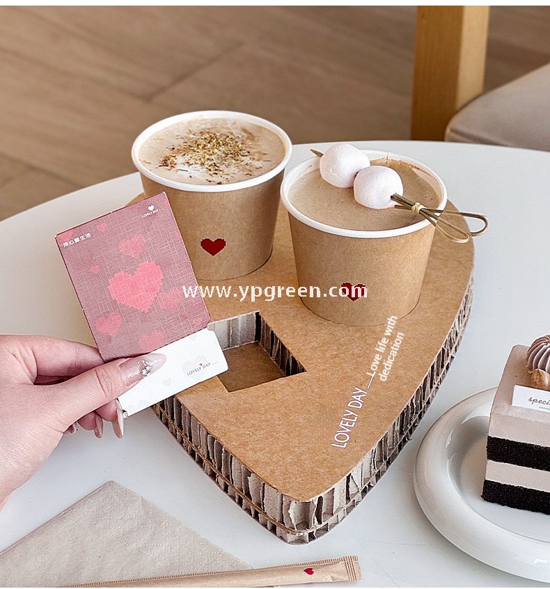 Heart-Shaped Honeycomb Paper Cup Holder | Corrugated Coffee Combo Tray | Disposable Milk Tea & Exhibition Tasting Cup Display with Custom Printing