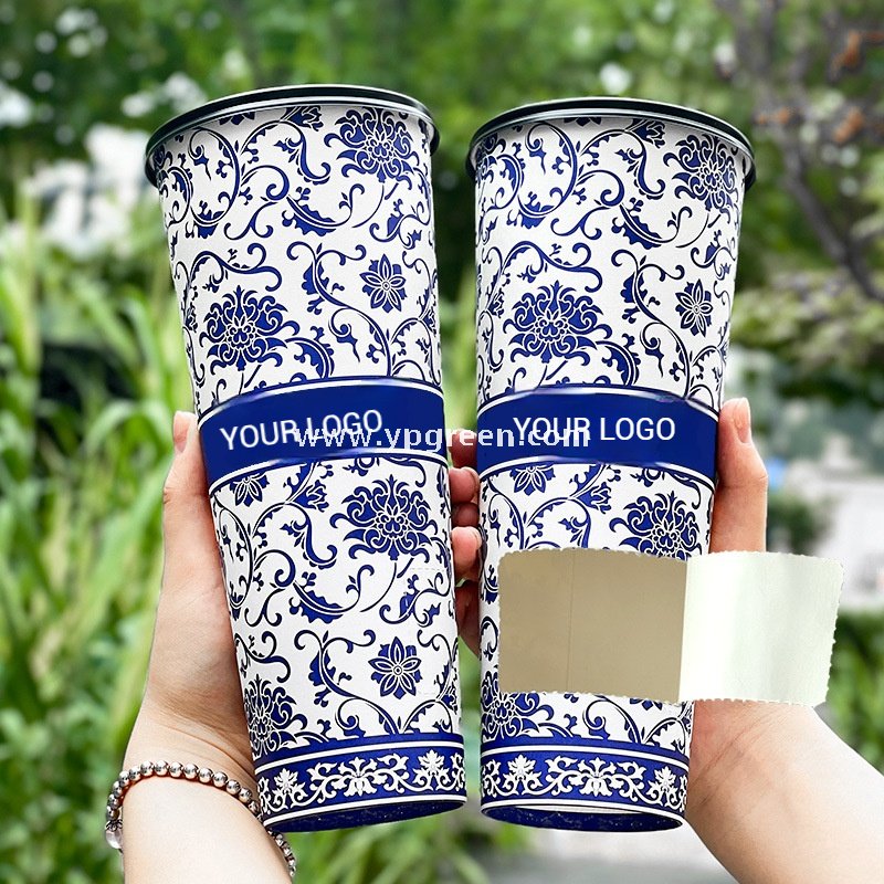 12oz/16oz/20oz Blue & White Porcelain Style Milk Tea Paper Cups with Insulated Non-Woven Aluminum Foil Bag