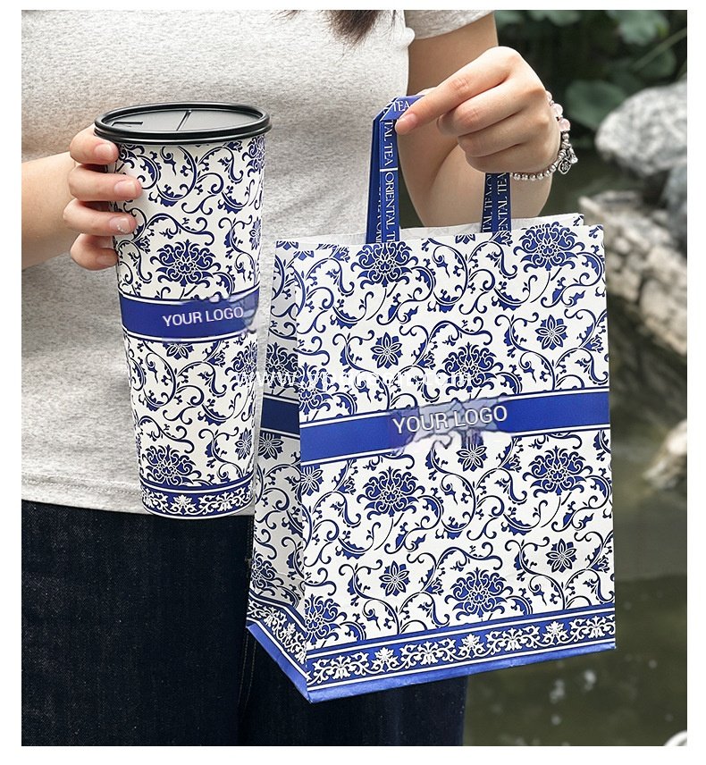 12oz/16oz/20oz Blue & White Porcelain Style Milk Tea Paper Cups with Insulated Non-Woven Aluminum Foil Bag