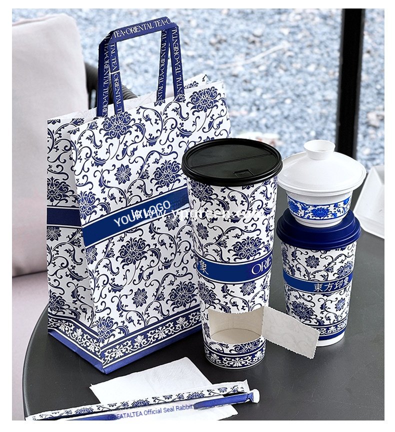 12oz/16oz/20oz Blue & White Porcelain Style Milk Tea Paper Cups with Insulated Non-Woven Aluminum Foil Bag