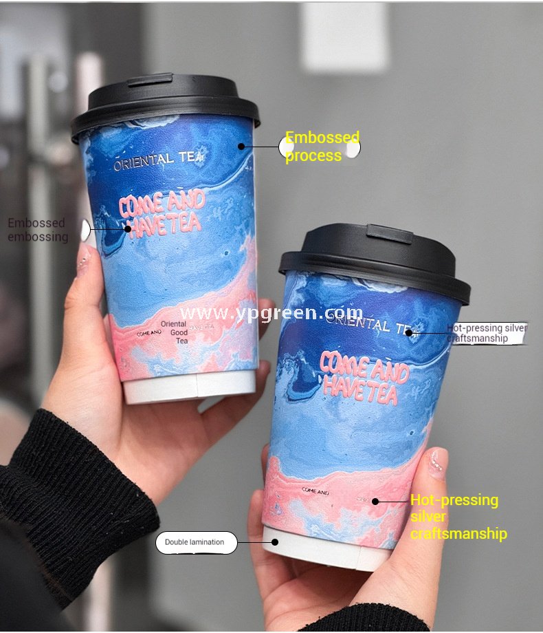 16oz Ocean Painting Style Embossed Hollow Coffee Paper Cups – 480ml Double Wall Milk Tea Cups Factory Wholesale